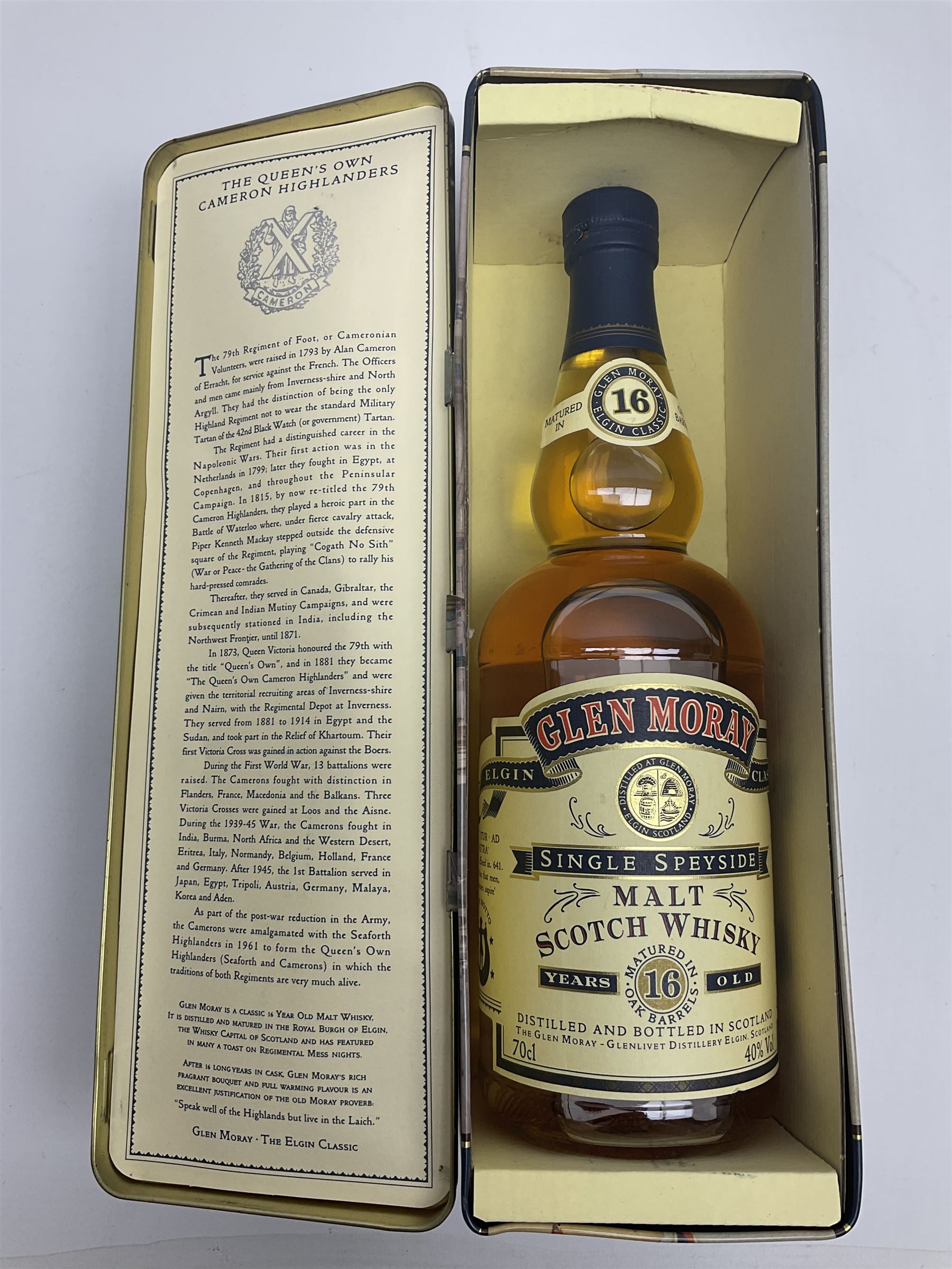 Glen Moray 16 year old Single Highland Malt Scotch Whisky, 70cl 43%, in original Highland Regiments presentation tin 