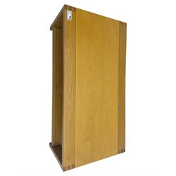 Light oak rectangular coffee table, with exposed finger joints to the corners, raised above a full-length undertier on straight supports
