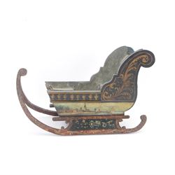 Unusual 18th century small Northern European wooden sled, with curved scroll back, the sides painted with coastal shipping scenes, the interior with removable zinc liner, upon curved irons painted with flower heads, H36cm W56cm D29cm