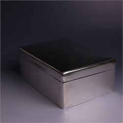 WWII silver mounted cigarette box, of rectangular form, the hinged cover inscribed 'presented to Major & Mrs James Bennett on the occasion of their marriage by the officers of the Liverpool Wardens Service October 1944' and engraved with twenty-four signatures of the officers, with softwood interior, hallmarks worn and indistinct, H7.5cm, W19cm