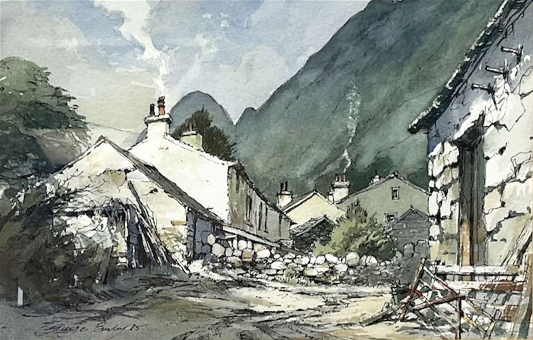 George Busby (British 1926-2005): 'Stonethwaite Cumbria', watercolour signed and dated '85, titled verso 17cm x 26cm 