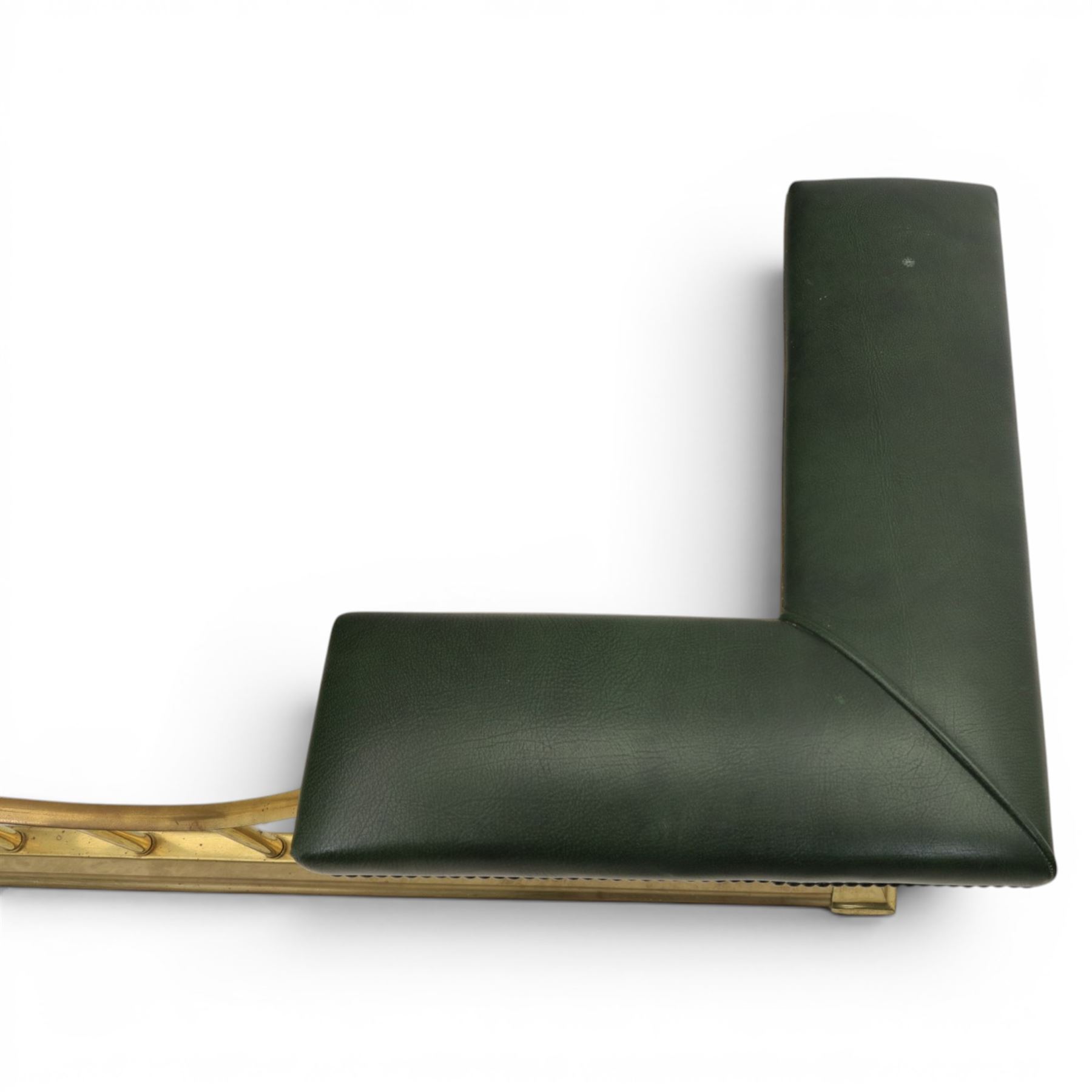 Regency design brass and green leather club fender, padded cushion corners