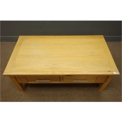  Light oak coffee table with two push through drawers, stile supports joined by an undertier, W110cm, H45cm, D60cm  
