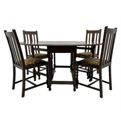 Early 20th century oak barley twist drop leaf dining table (105cm x 154cm, H74cm), and four chairs 