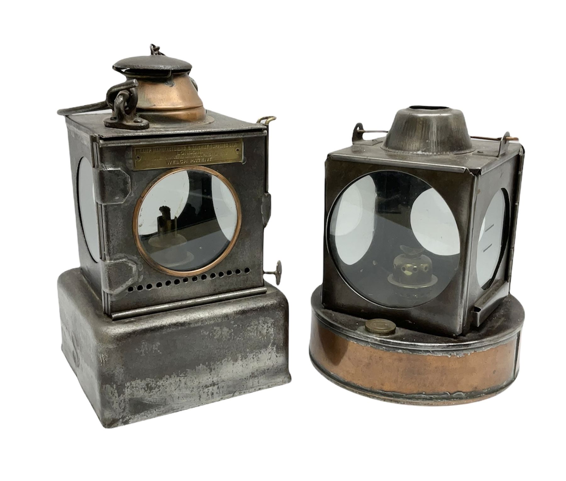 Lamp Manufacturing & Railway Supplies Ltd Welch Patent steel and copper railway lamp marked LNER, with square base marked 'S', H25cm; together with another similar railway lamp with circular base, the reservoir stopper marked GWR (2)