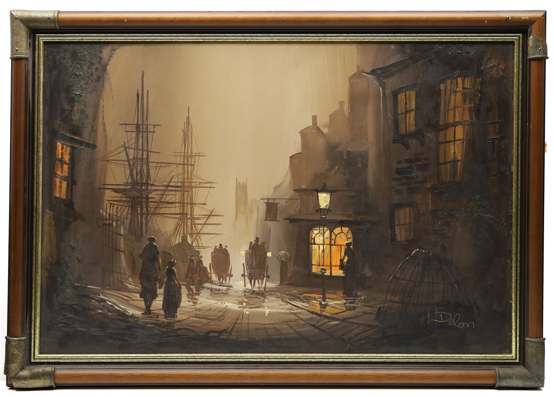 Donald Hughes (British b.1933): Street Scene of a Victorian Port City at Night, oil on canvas signed 50cm x 75cm