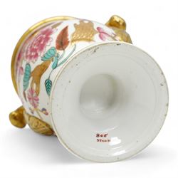 Early 19th century Spode vase and garniture, each decorated in the Japan pattern no. 868, with twin scroll handles and pedestal foot, H15.5cm max; together with Spode pen tray, pattern no. 093, L27cm; pastille burner, H8cm; and an 18th/19th century porcelain vase and cover, decorated with panels of flowers within orange and gilt bands, possibly Spode H16cm (6)