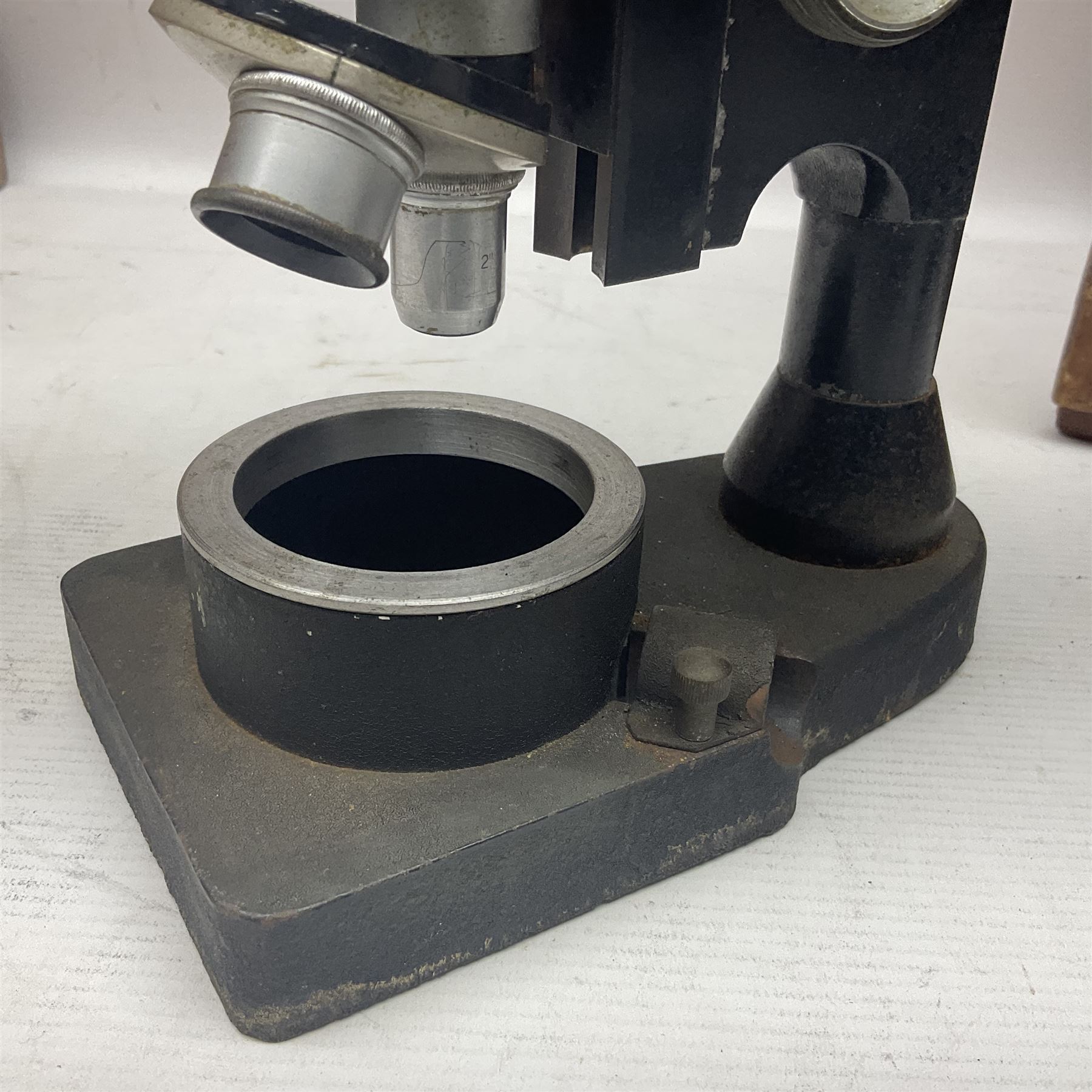 Four microscopes, including Cooke, Troughton & Simms no M467926, W Watson & Sons no 114758, W & J George & Beck Ltd no 36649 and one other 