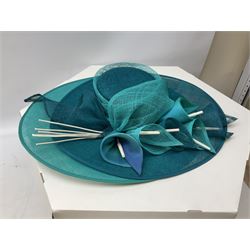 Collection of ladies occasional hats to include a pink Victoria Ann example with twirl and feather decoration to the side, Mitzi Lorenz teal hat decorated with lilies, two pale blue Capelli Condici hats etc, with hat boxes (6)