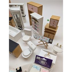 Modern 1:12 scale dolls house furniture, comprising pine kitchen set, with wall cabinets, floor cabinets and sink unit, white wooden bathroom suite, white wooden kitchen and dining room furniture and appliances, wooden bedroom furniture, Raine purple wingback chair, tv, desk, fish tank, etc