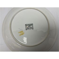 Three Fornasetti plates from the Melodramma series, each depicting a operatic portraits within a border of operatic emblems on gilt ground, with printed mark beneath, D25cm 