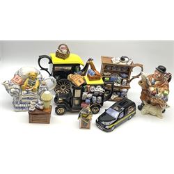 A group of Ringtons novelty teapots, comprising The Ringtons Van teapot, Maurice Delivery Man teapot, Millenium Celebration teapot, the Tea Merchant teapot, and Tea Time teapot, each with certificate, together with a Ringtons novelty money box.  