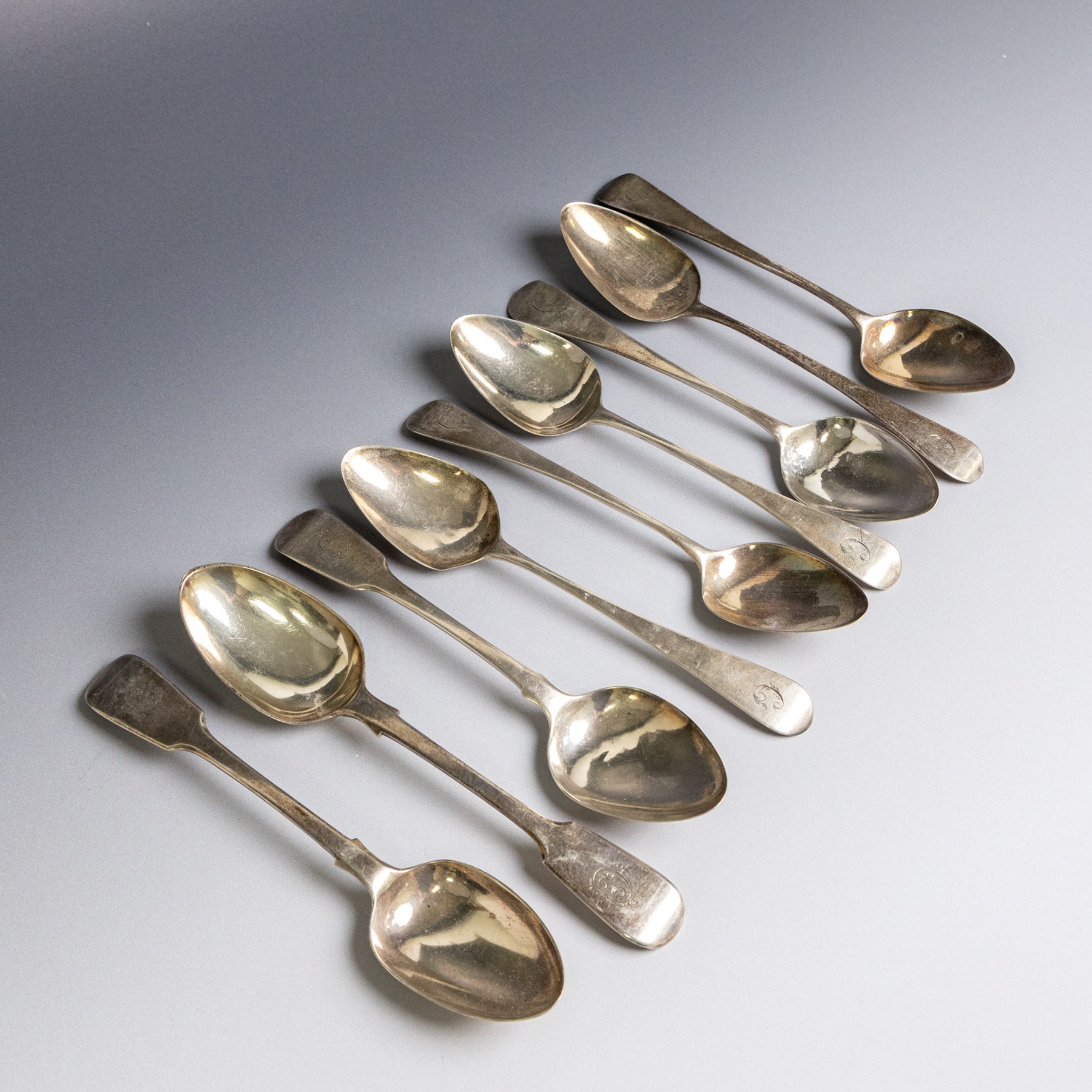 Collection of silver flatware, comprising set of six Georgian teaspoons, three Victorian Exeter silver dessert forks, Georgian Old English pattern table spoon, etc all hallmarked
