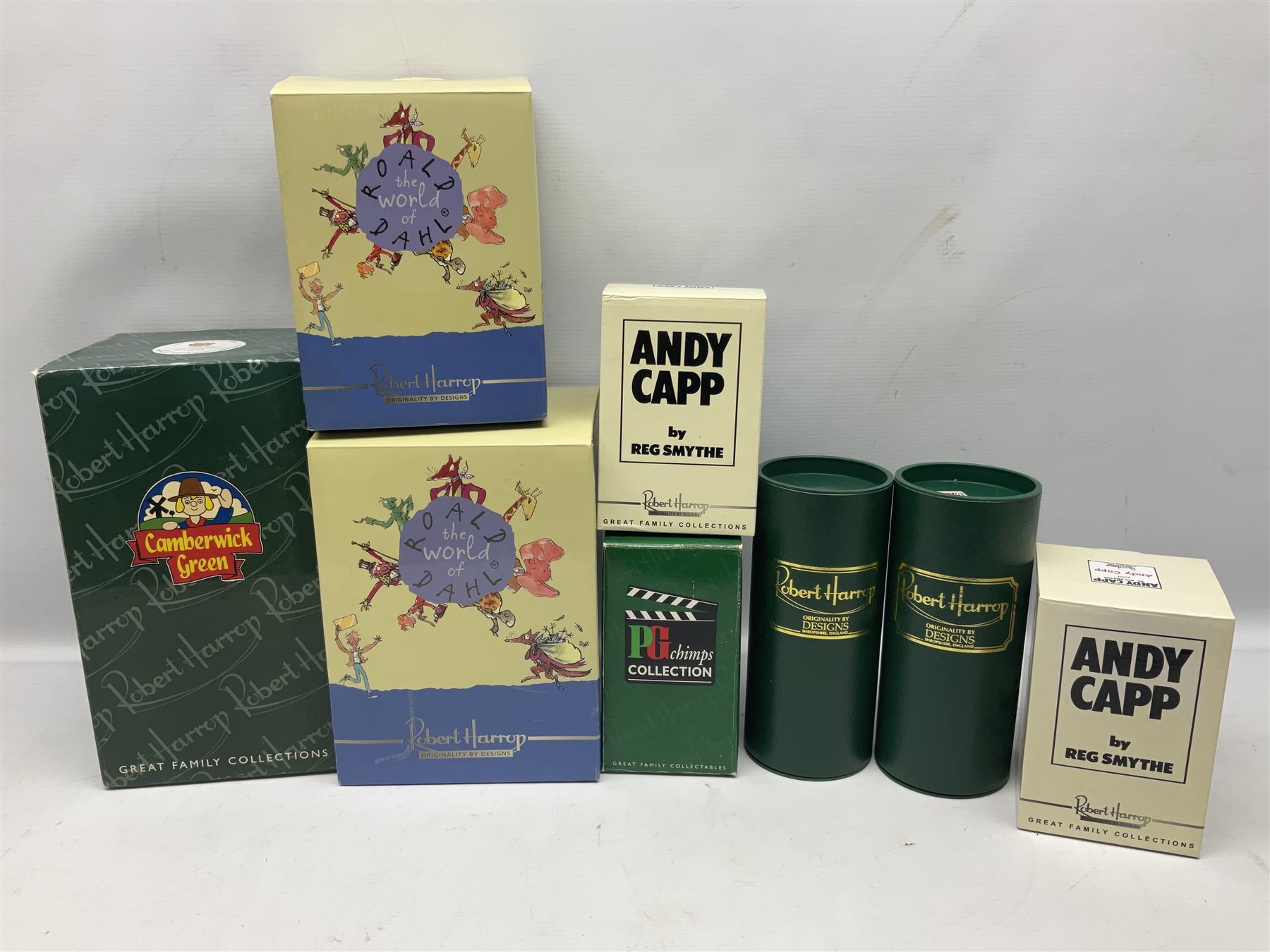 Ten Robert Harrop figures, comprising The World of Roald Dahl Mr Twit RD04 and The BFG RD03, boxed, The Camberwick Green Collection limited edition Mrs Honeyman CG04, The Mayor CGL04 and The Mayor and Philby in the Memorial Car CG68, The PG Chimps Collection Dolly PG003, boxed, Andy Capp by Reg Smythe Andy Capp AC01 and Flo AC02, boxed, and Country Companions English Setter CC21 and Flat Coat Retriever Fisherman CC13, boxed