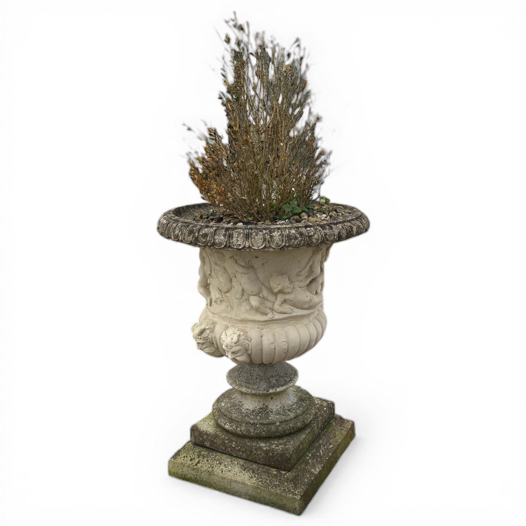 Victorian design Country House cast stone urn on plinth base,