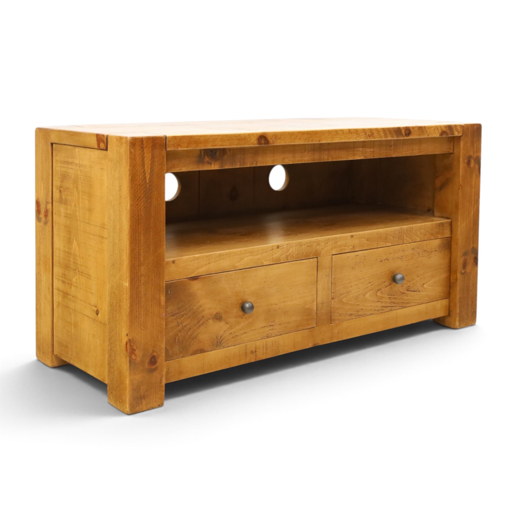 Indigo Furniture - rustic oak media cabinet, rectangular top over open shelf, two drawers fitted to base