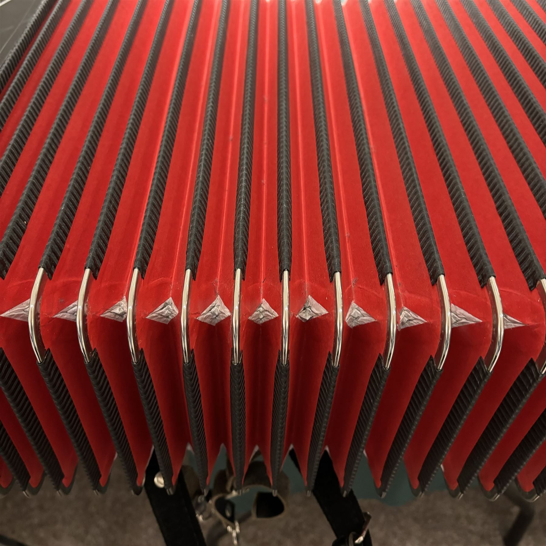  VIGNONI – Ravel IV -  Italian piano accordion with a three octave keyboard F-F compass and  96 bass buttons, four sets of treble reeds, five sets of bass reeds,  With a hard and padded travel case (on wheels).
