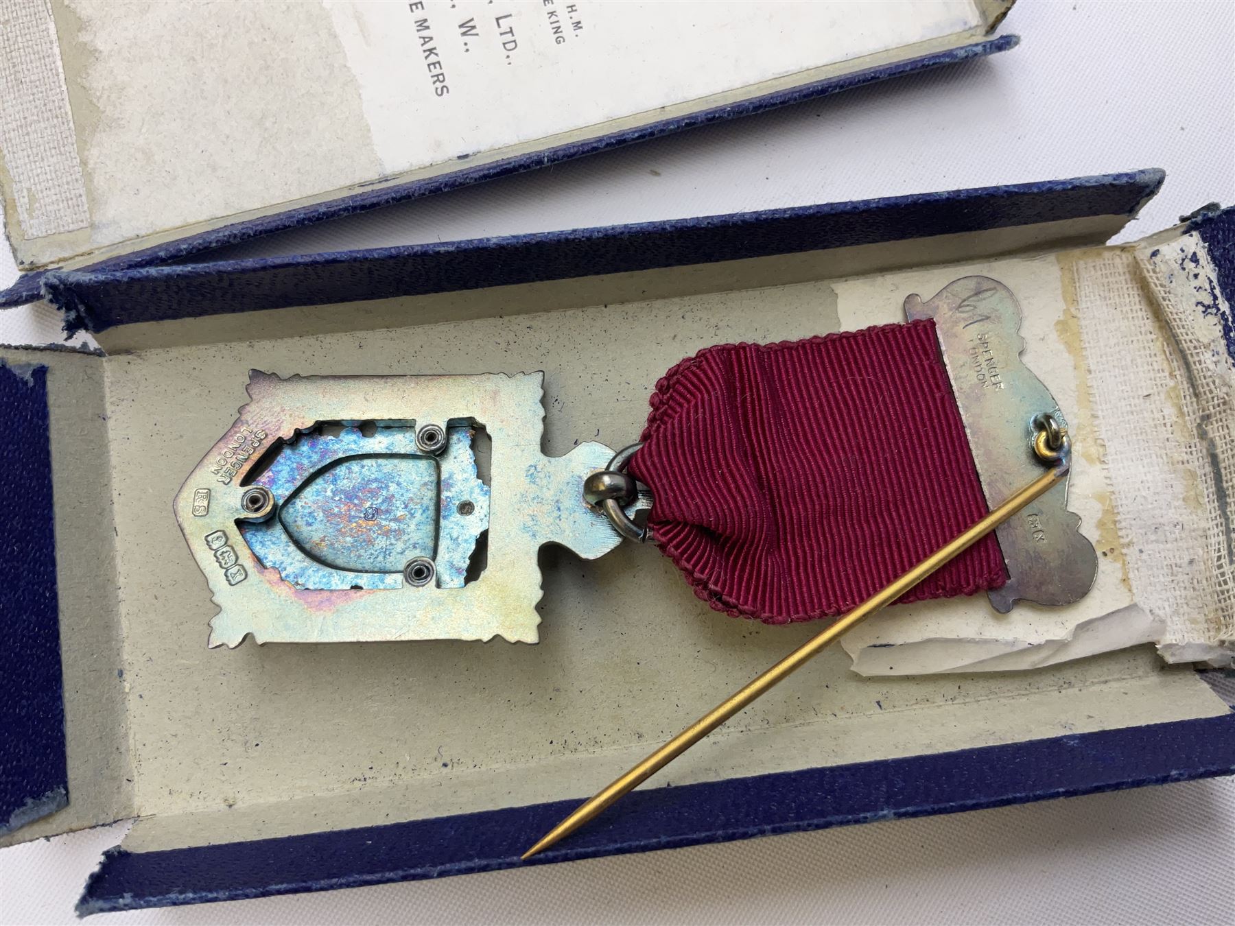 Collection of Masonic items, to include silver WWI 1914-1918 commemorative medallion named 'Bro J. Thompson No. 3458, hallmarked Birmingham 1923, silver and enamelled Masonic Steward medallion hallmarked Birmingham Spencer & Co, 1922, Masonic apron etc