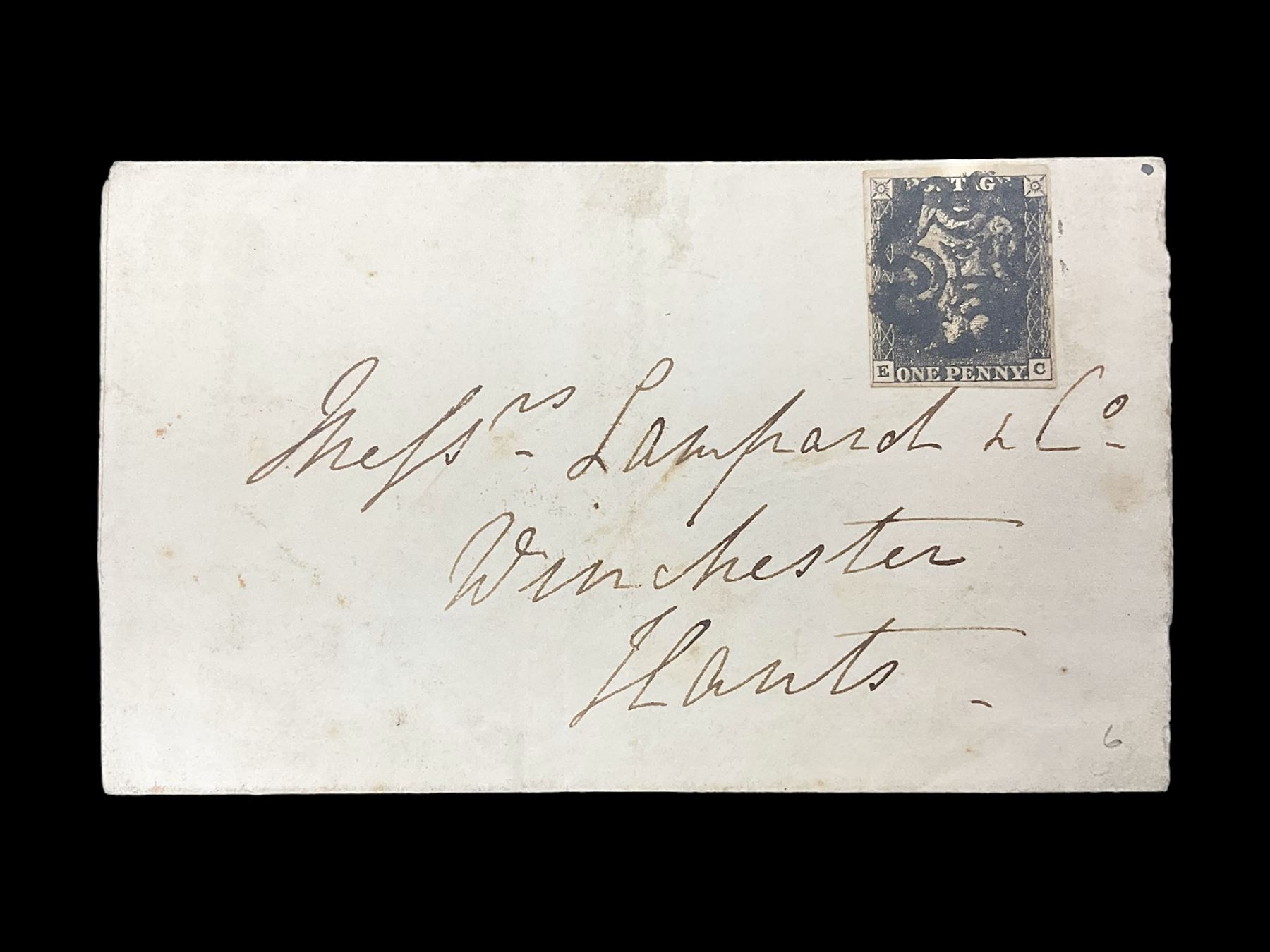 Great Britain Queen Victoria penny black stamp on cover, tied to cover or entire, with black MX cancel

