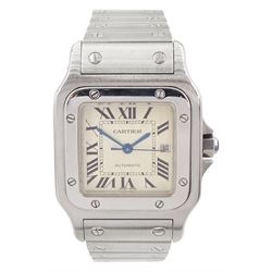 Cartier Santos Galbée gentleman's stainless steel automatic wristwatch, Ref. 2319, silvered guilloche dial with Roman numerals and secret signature at 7 o'clock, boxed purchase certificate dated 2003, pouch and service receipt dated September 2023