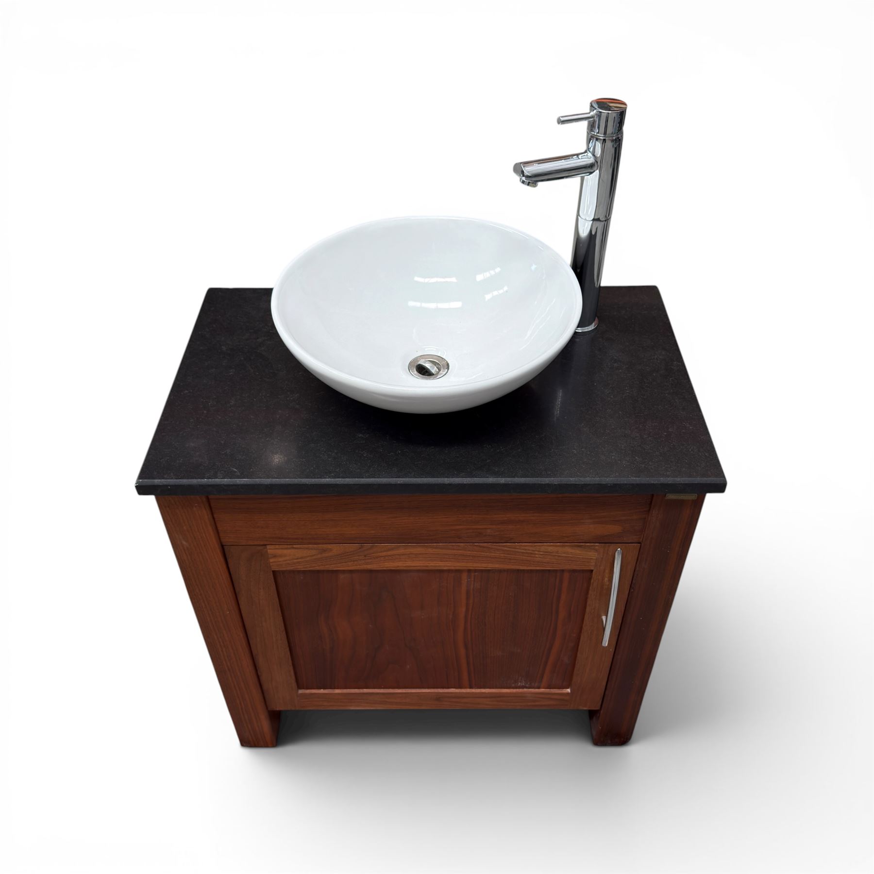Stone Wood - freestanding wash basin, tap and cupboard with granite top in a dark oak finish