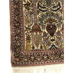 Small Persian beige ground silk rug, repeating border, 124cm x 79cm 