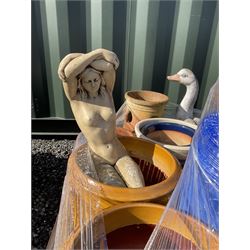 Glazed and other garden planters, chimney pot, birdbath and other on two pallets - THIS LOT IS TO BE COLLECTED BY APPOINTMENT FROM DUGGLEBY STORAGE, GREAT HILL, EASTFIELD, SCARBOROUGH, YO11 3TX