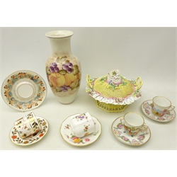  Royal Crown Derby coffee can and saucer & Derby Posies cup and saucer, pair Capodimonte cup and saucers decorated in relief with  classical scenes, a similar Capodimonte saucer, Continental porcelain basket and cover decorated with encrusted flowers with a leaf moulded rim, L20cm etc   