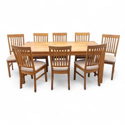 Contemporary solid oak rectangular dining table, with two additional extension leaves, tog...