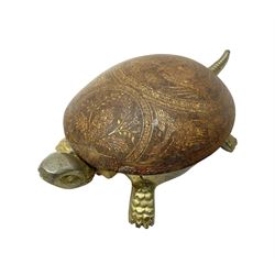  Gilt bronze novelty table bell, modelled as a tortoise, the shell concealing a clockwork movement, with impressed marks beneath, H6cm