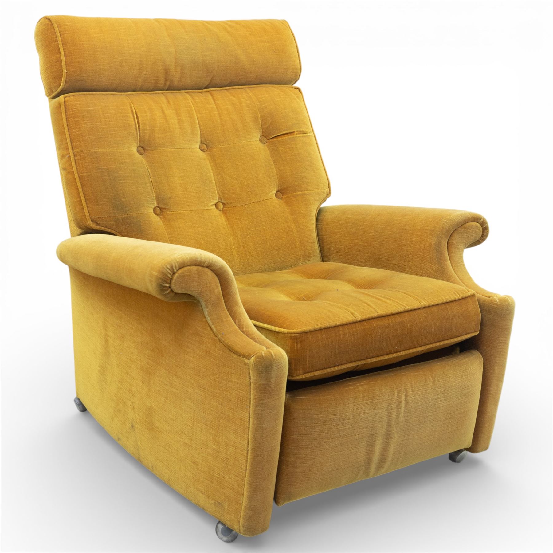 Parker Knoll - Golden yellow velour recliner, raised on castors