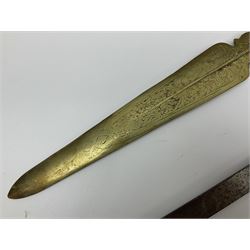 Near pair of short swords each with slightly curving 41cm fullered steel blade and all brass H-shaped hilt L52cm overall; plaited black leather whip; and reproduction pair of brass hilted swords, brass halberd blade and mace (7)