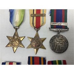 WW2 Canada Volunteer Service Medal 1939-45 with maple leaf clasp; and five WW2 Stars - Burma Star, Atlantic Star, Africa Star with 8th Army clasp, France and Germany Star and Pacific Star with Burma clasp; all with ribbons (6)