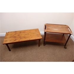  Mid century teak chest, three drawers, plinth base (W51cm, H75cm, D43cm) a similar three tier bookcase (W88cm, H83cm, D30cm) a tea trolley and a coffee table (4)  