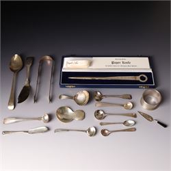 Early 19th century silver caddy spoon, Elizabeth II caddy spoon, various silver condiment ...