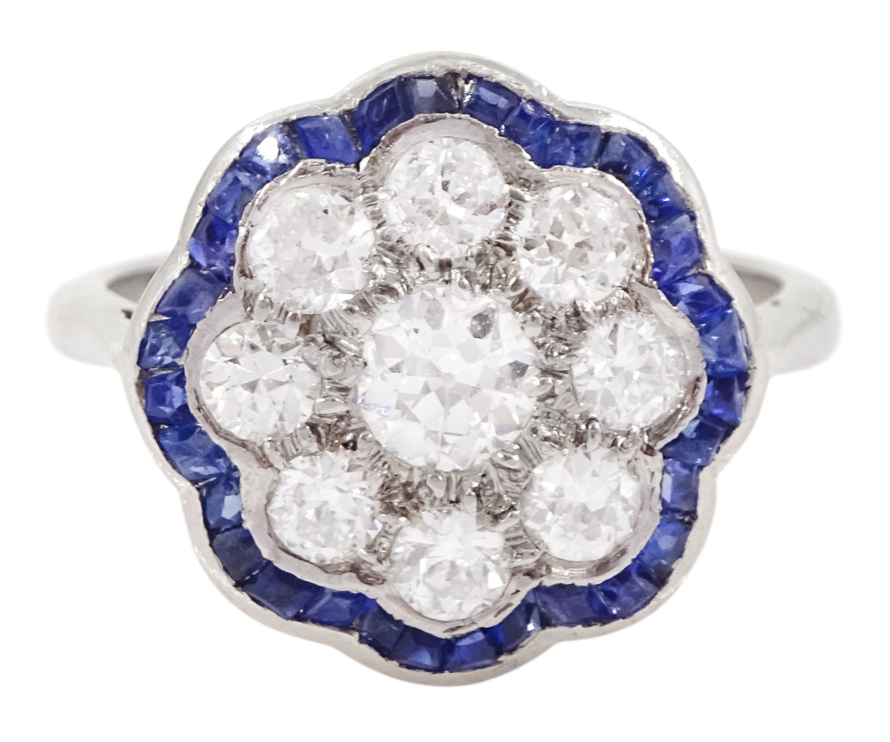 18ct white gold old cut diamond and calibre cut sapphire flower head cluster ring, total diamond weight approx 1.00 carat