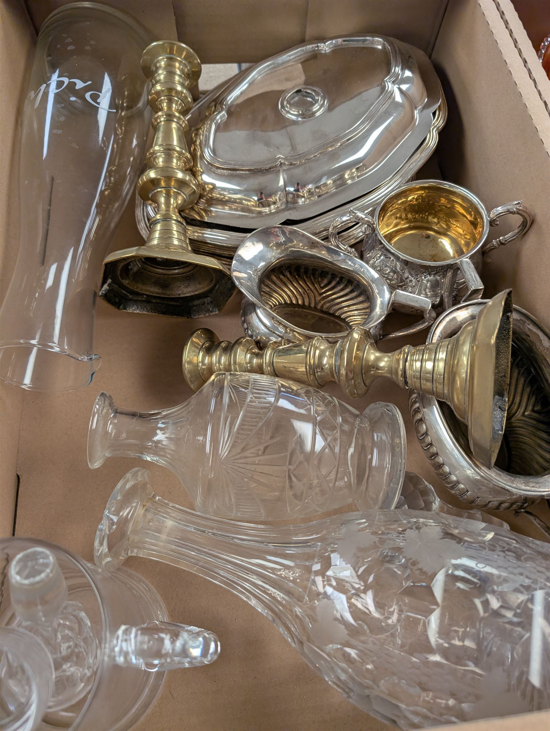 Collection of silver plated items and glassware, including cased cutlery, carnival glass, decanters, teapot, trays, etc