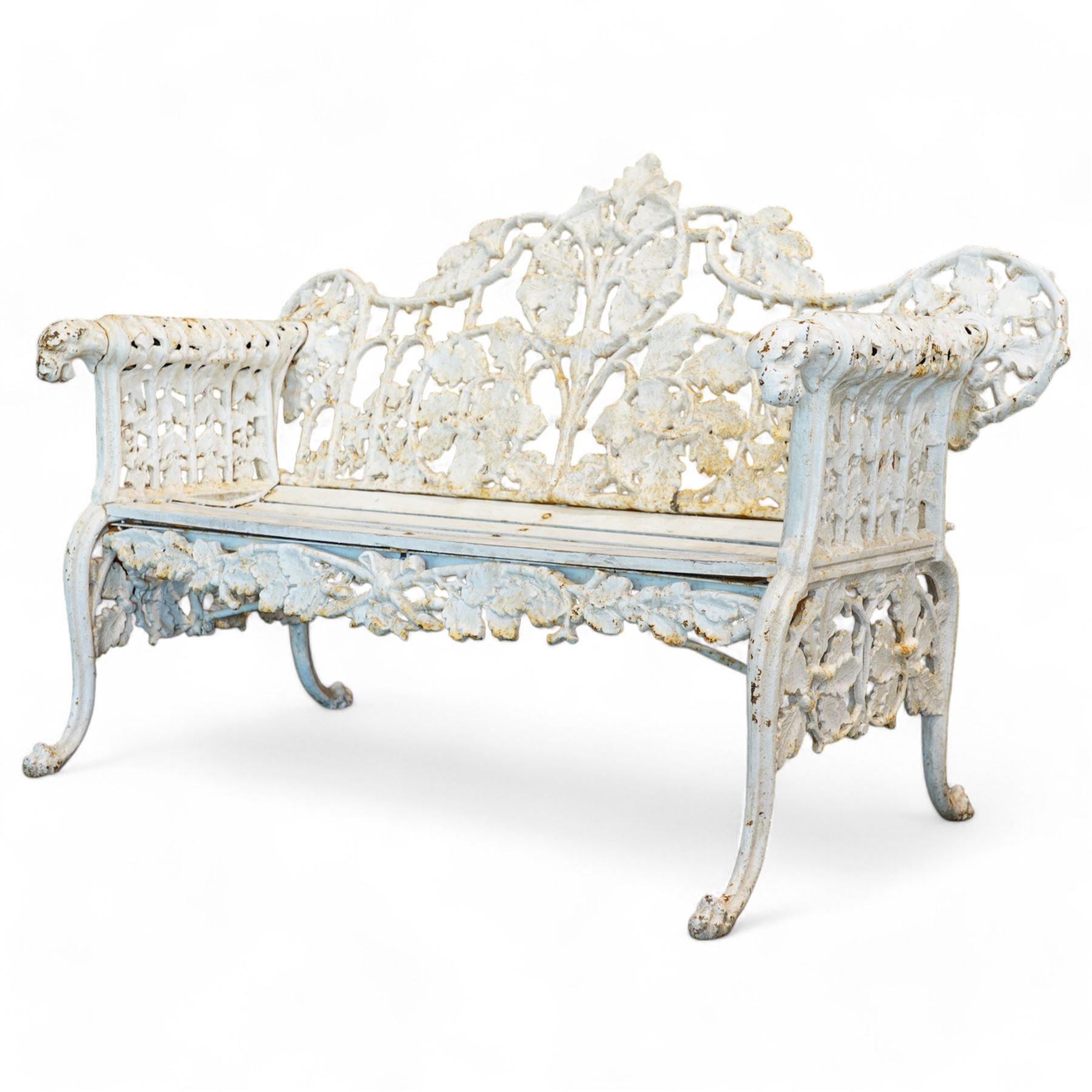 Coalbrookdale design - early 20th century cast iron oak leaf and acorn bench, white painted cast iron frame with slatted wooden seat, the pierced and shaped back decorated with scrolling oak branches and leafage, flanked by dog mask arm terminals over cabriole supports with paw feet 