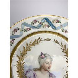 Mid 19th century Sevres Louis Philippe period porcelain cabinet plate, decorated with a head and shoulder portrait of Madame de Parabere, with gilt laurel wreath surround and entwined ribbon and floral border to rim, inscribed verso Mme de Parabere, with date mark for 1837, indistinct red inventory mark and blue monogram mark, D23.5cm 