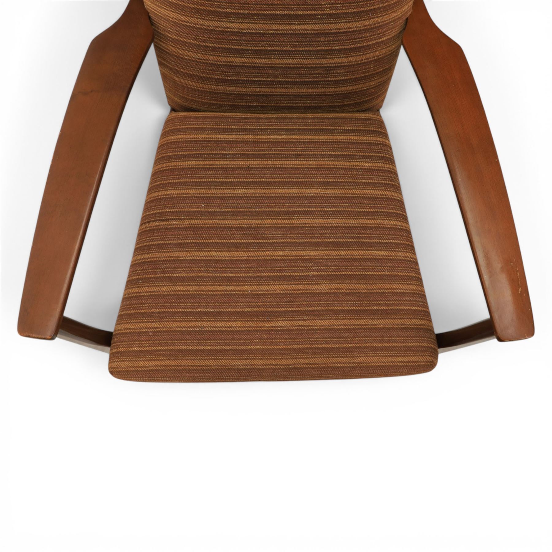 Parker Knoll - 'PK 988' open armchair, with teak frame, upholstered in a striped fabric, raised on tapering supports, the loose seat cushion supported on elasticated webbing 