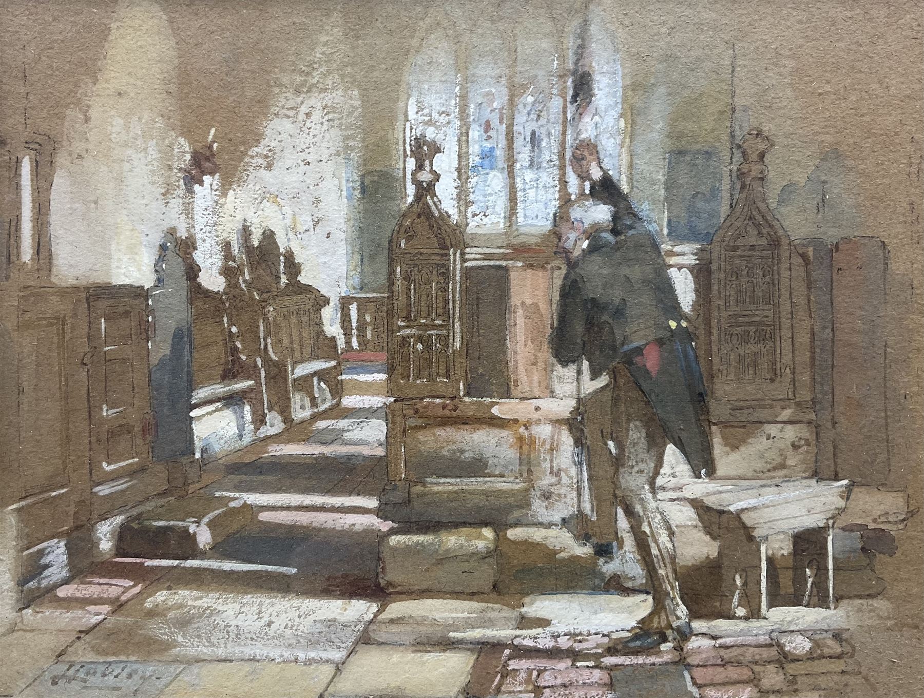 James Lobley (British 1828-1888): Gentleman Taking a Rest in the Church, watercolour signed 15cm x 20cm 