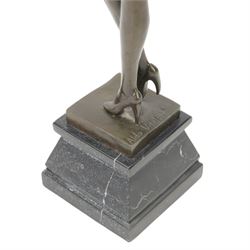 Bronze figure of a dancing nude female after Aldo Vitaleh, with signature to base, upon a black marble effect plinth, H55cm