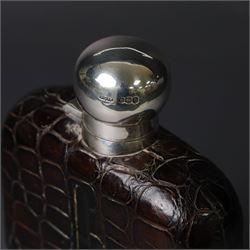 Early 20th century silver and leather mounted glass hip flask, with silver cover and removable silver cup engraved with name and date, hallmarked James Dixon & Sons Ltd, Sheffield 1919, H15cm