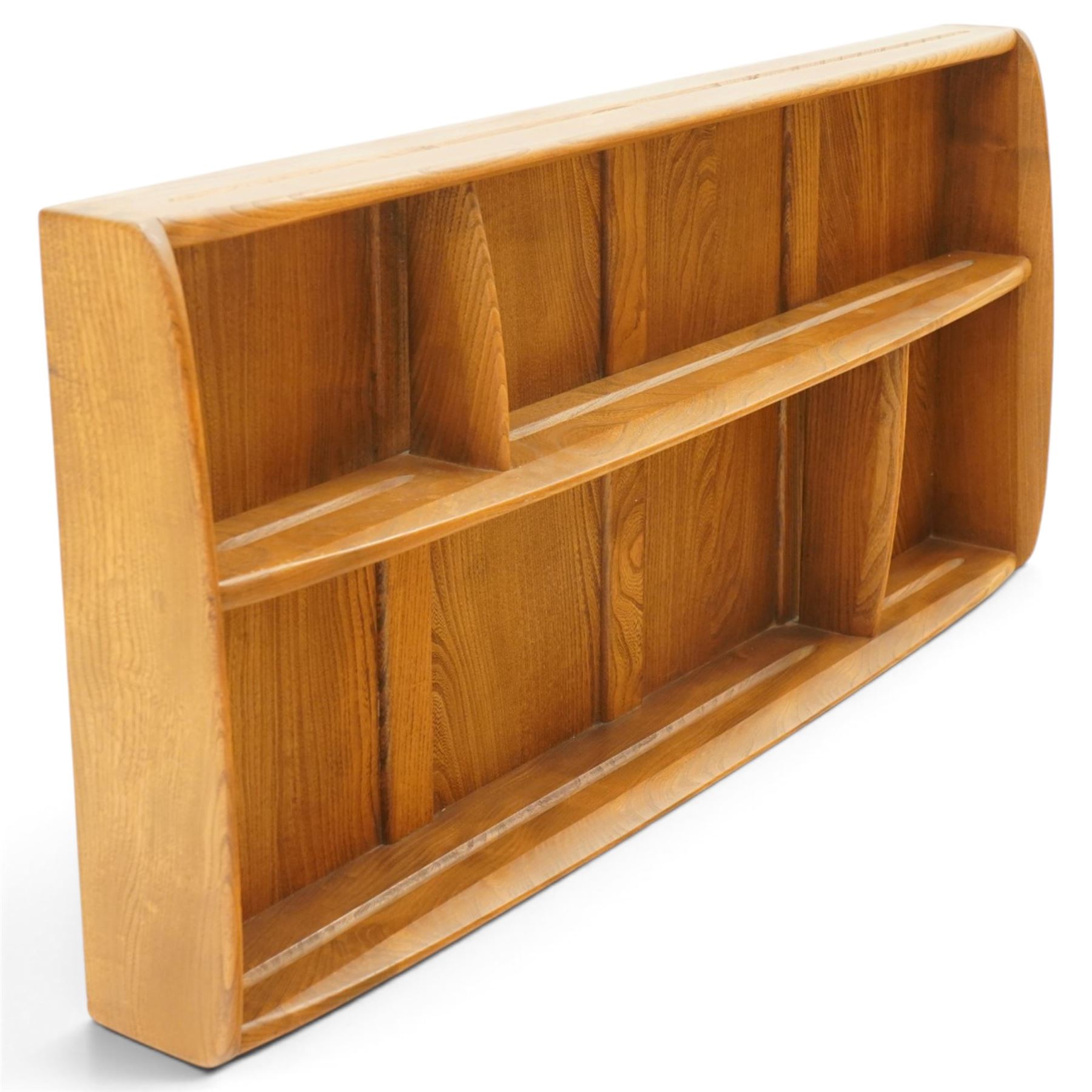 Ercol - elm plate rack, rectangular form with rounded corners, fitted with two open shelves divided by staggered upright partitions, fixings for hanging