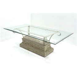  Rectangular composite stone base coffee table, bevel edge glass top table, shaped metal supports, W131cm, H42cm, D66cm  