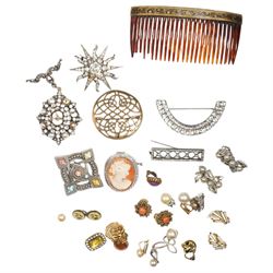 Victorian 9ct rose gold onyx set fob, Chester 1894, silver paste set sunburst brooch / pen...