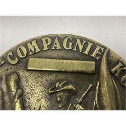 Mid-20th century French Foreign Legion heavy cast brass circular presentation plaque for the 3rd REI 2eme Compagnie Kourou, inscribed to Cpl. Martin (Indochine 1940s/50s) D11.5cm
