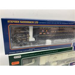 Three Corgi 1:50 scale lorries - ERF Tanker - Gulf Oil in perspex display case No.75101; limited edition Scania T Bulk Tipper - Maguires of Cheltenham No.CC12803; and Scania Topline Curtainside - Stephen Sanderson Limited No.CC12912; all boxed (3)