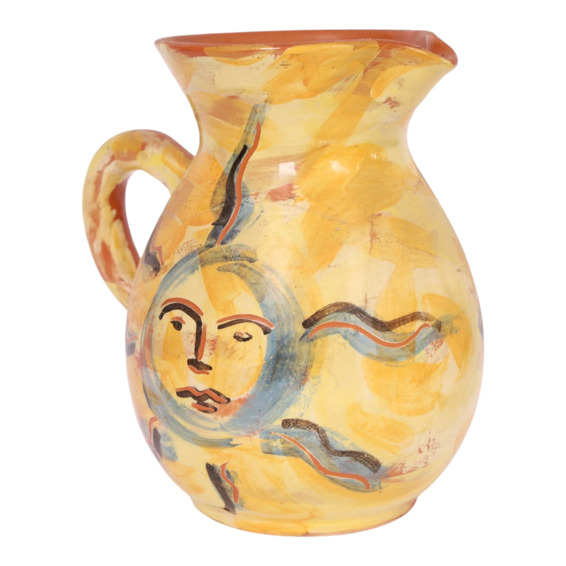 Vallauris French pottery by Patrick Bocca Rossa, jug painted with sun motifs upon a yellow ground, and an octagonal plate with a face to the center, both signed, jug H22cm 
