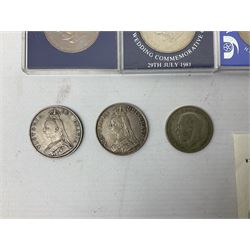 Great British and World coins including Queen Victoria 1887 and 1888 double florins, King George V 1929 halfcrown, King George VI 1951 Festival of Britain crown, commemorative crowns, Queen Elizabeth II 1953 nine coin set in blister pack, 1989 and 1995 two pound coins, various pre-decimal pennies and other coinage